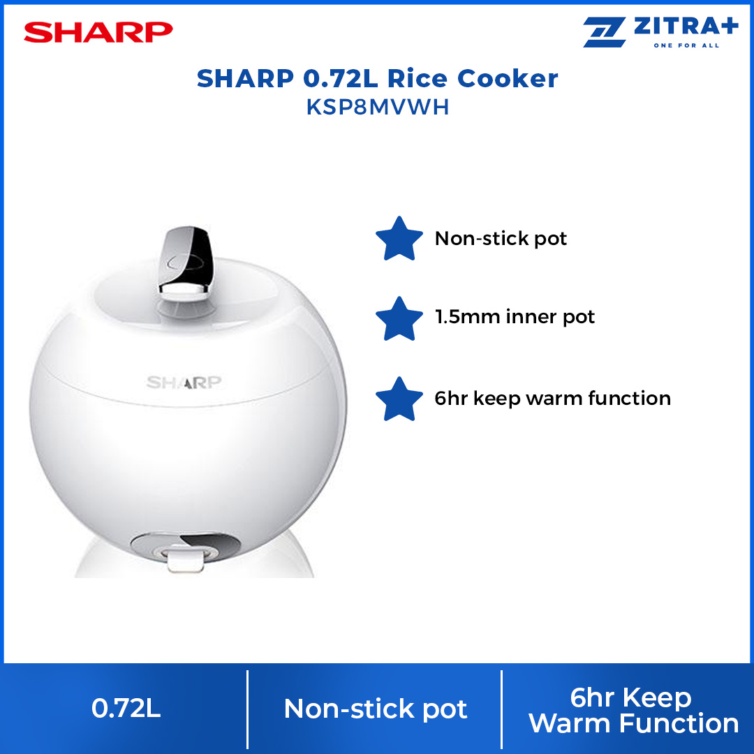 SHARP 0.72L Rice Cooker KSP8MVWH | Non-stick Pot | 1.5mm Inner Pot | 6hr Keep Warm Function | Rice Cooker with 1 Year Warranty