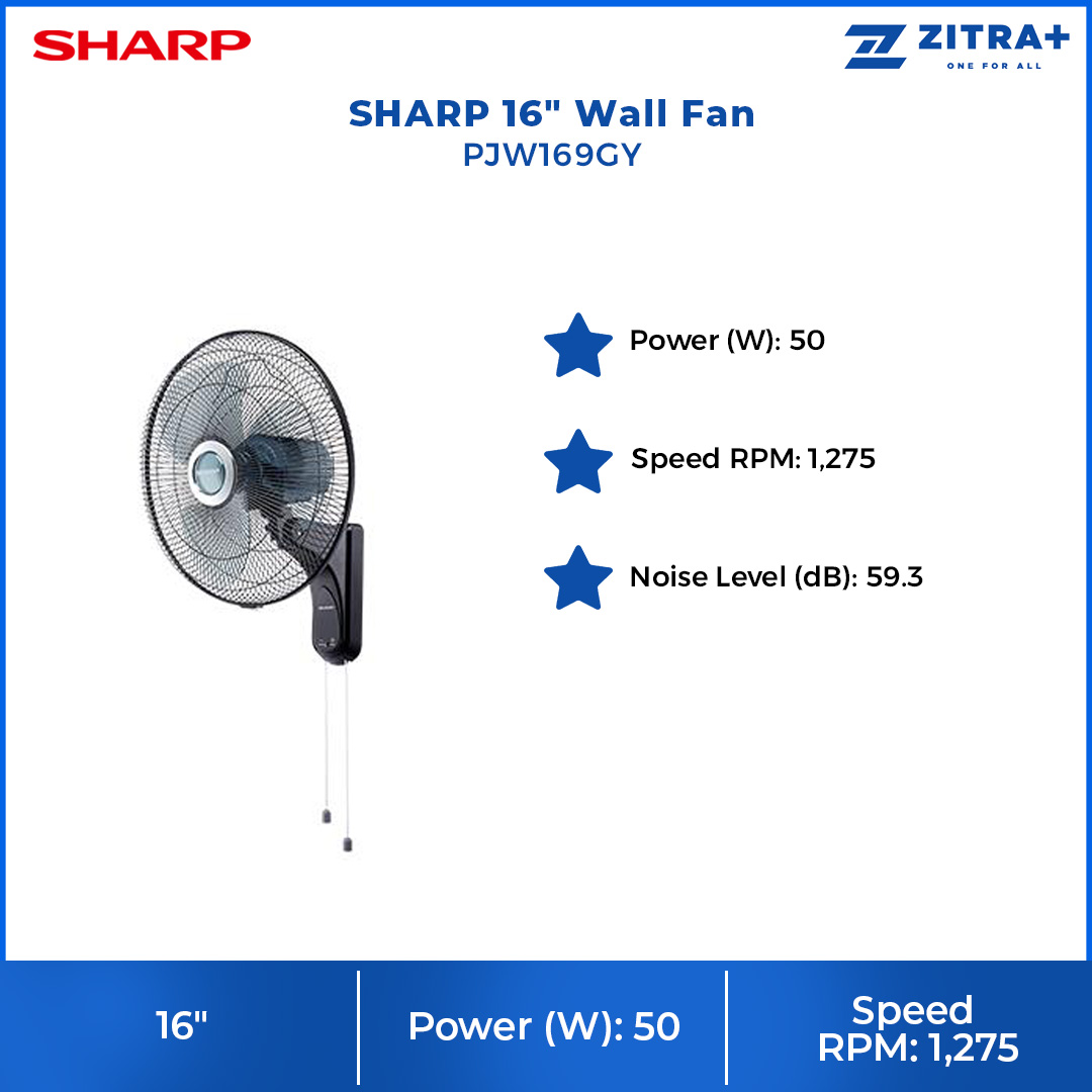 SHARP 16" Wall Fan PJW169GY | 3 Blades | 3 Adjustable Speed | 5 Star Energy Rating | Wall Fan with 1 Year Warranty
