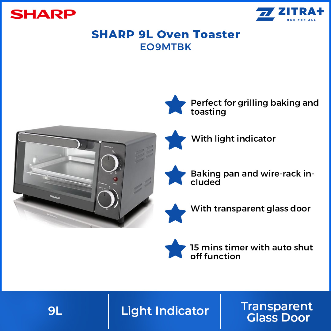 SHARP 9L Oven Toaster EO9MTBK | Perfect for Grilling Baking & Toasting | With Light Indicator | Baking Pan & Wire-rack Included | 10 Mins Timer with Auto Shut Off Function | Oven Toaster with 1 Year Warranty
