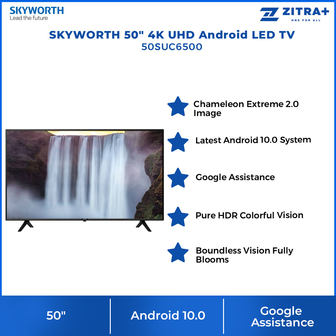 SKYWORTH 50" 4K UHD Android LED TV 50SUC6500 | Chameleon Ectreme | Direct LED | Dolby Digital | Android 10.0 | Voice Search | Google Assistant | Bluetooth 5.0 | Boardless Design | HDMI | USB | Smart TV with 2 Year Warranty