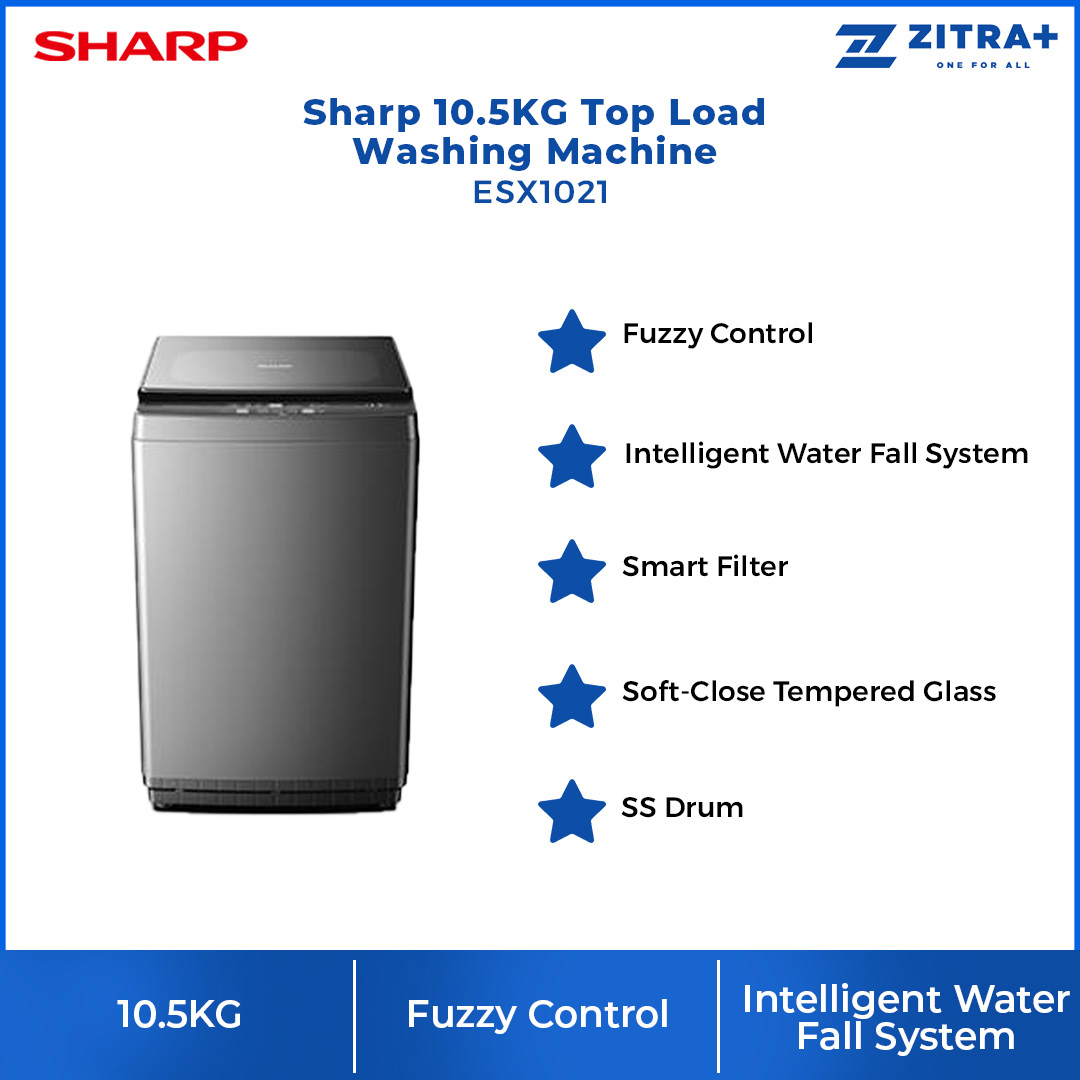 Sharp 10.5KG Top Load Washing Machine ESX1021 | Fuzzy Control | Intelligent Water Fall System | Smart Filter | Soft-Close Tempered Glass | SS Drum | Tub Cleaning | Child Lock | Washing Machine with 2 Year General Warranty & 10 Year Motor Warranty