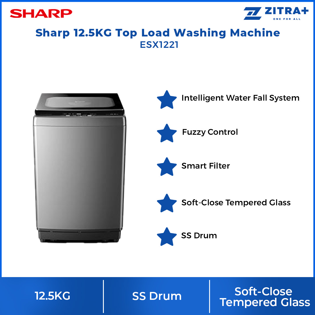 SHARP 12.5KG Top Load Fully Auto Washing Machine ESX1221 | Fuzzy Control | Intelligent Water Fall System | Smart Filter | Soft-Close Tempered Glass | Stainless Steel Drum | Washing Machine with 2 Years General Warranty & 10 Years Motor Warranty