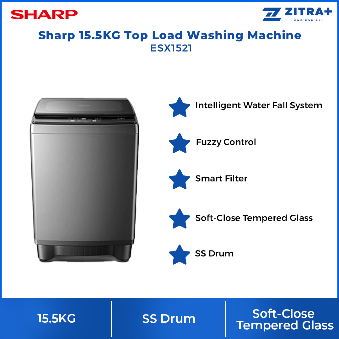 SHARP 15.5KG Top Load Fully Auto Washing Machine ESX1521 | Fuzzy Control | Intelligent Water Fall System | Smart Filter | Soft-Close Tempered Glass | Washing Machine with 2 Years General Warranty & 10 Years Motor Warranty