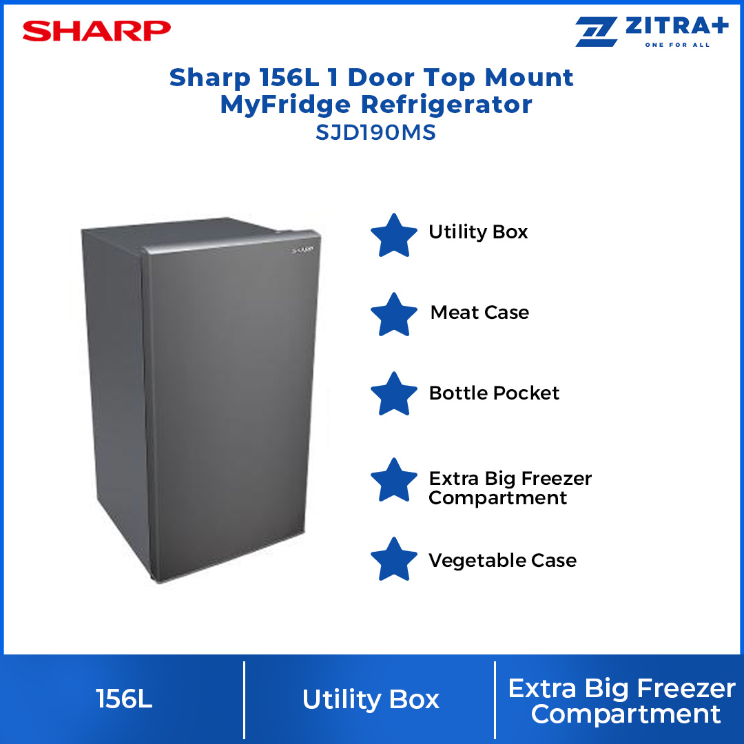 SHARP 156L 1 Door Top Mount Non-Inverter Refrigerator SJD190MS | Utility Box | Meat Case | Extra Big Freezer Compartment | Refrigerator with 1 Year General Warranty & 5 Years Compressor Warranty