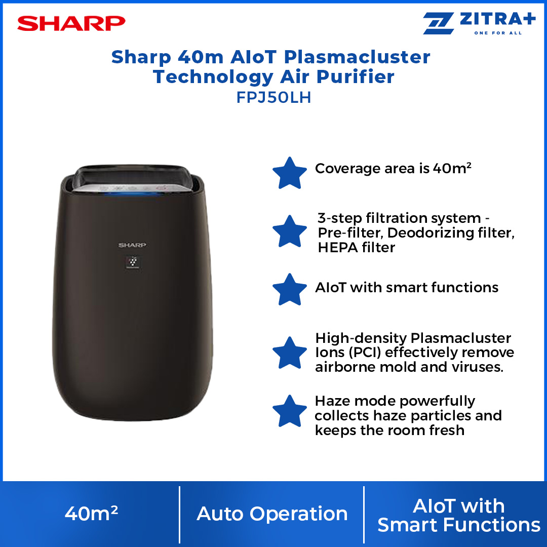 Sharp  40m² AIoT Plasmacluster Technology Air Purifier FPJ50LH | Inverter Operation | Auto Restart | Deodorization | Pre-Filter | Light Control Button | HEPA | Air Purifier with 1 Year Warranty