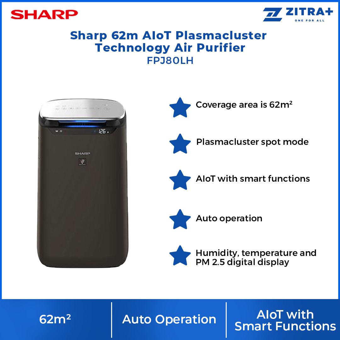 Sharp  62m² AIoT Plasmacluster Technology Air Purifier FPJ80LH | Coverage Area is 62m² | Inverter Operation | Child Lock | Auto Restart | Timer | Eliminates Odors | Remote Control | Air Purifying | Air Purifiers with 1 Year Warranty
