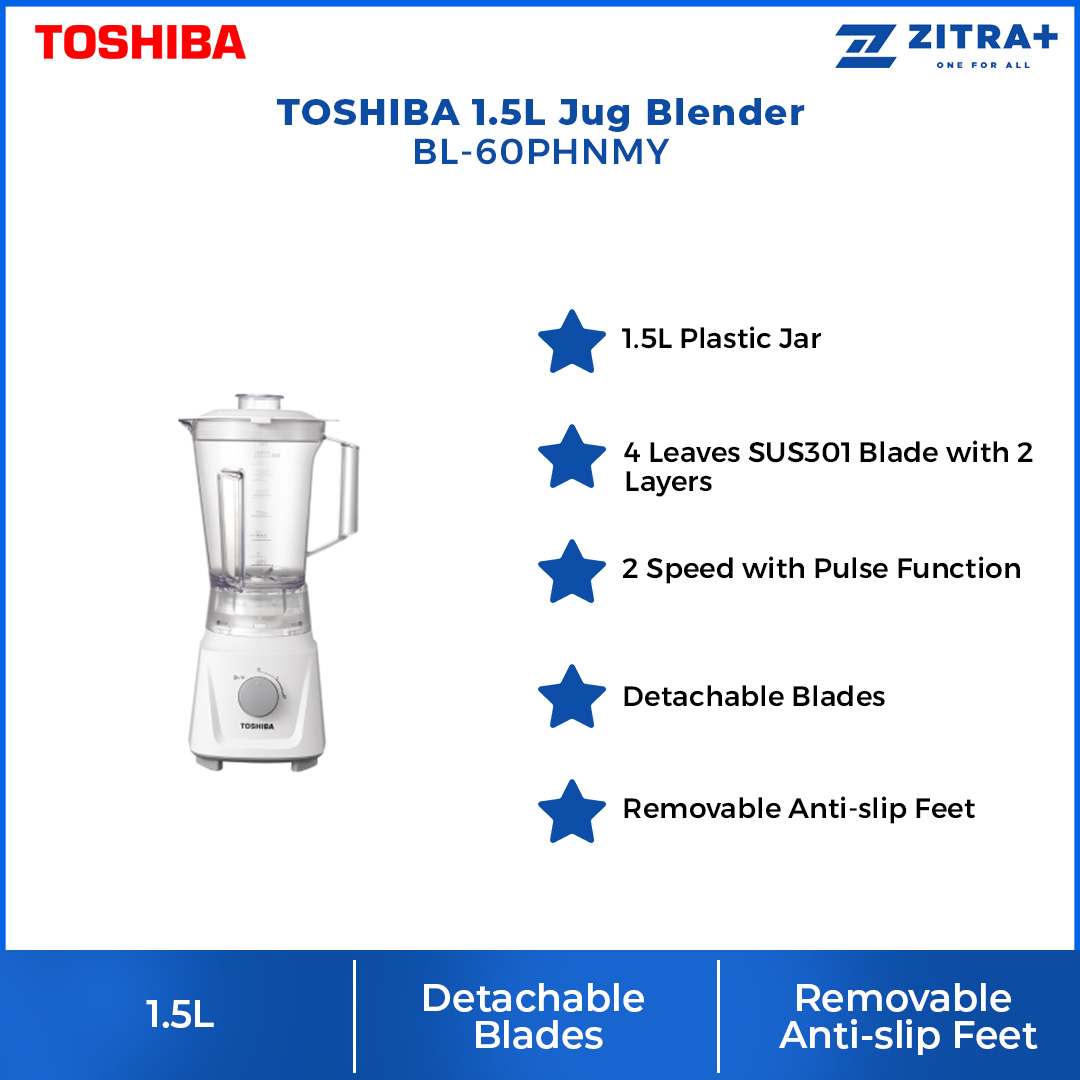 TOSHIBA 1.5L Jug Blender BL-60PHNMY | 600W Motor | Simple 2 Speed Knob | Safety Lock | Auto Protect | Antiflow Lid | Fine Cutting | Blender with 1 Year Warranty