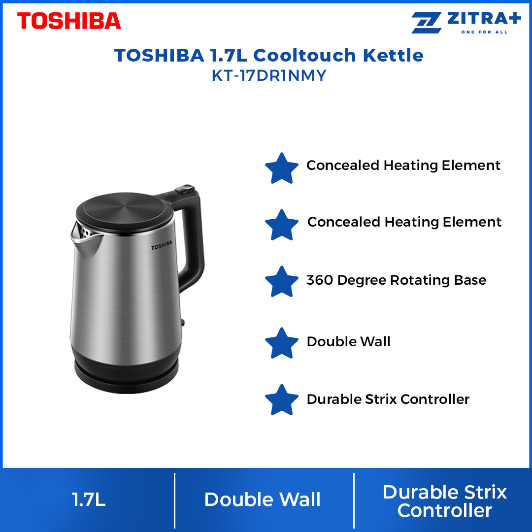 TOSHIBA 1.7L Kettle KT-17DR1NMY | Stainless Steel | CoolTouch | Auto Shut-off Protection | Concealed Heating Element | Kettle with 1 Year Warranty