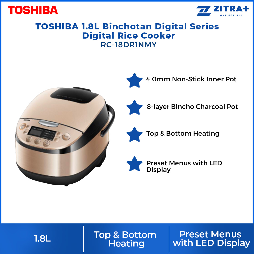 TOSHIBA 1.8L Binchotan Digital Series Digital Rice Cooker RC-18DR1NMY | 8-layer Bincho Charcoal Pot | 11-Auto Menu | Rice Cooker with 1 Year Warranty
