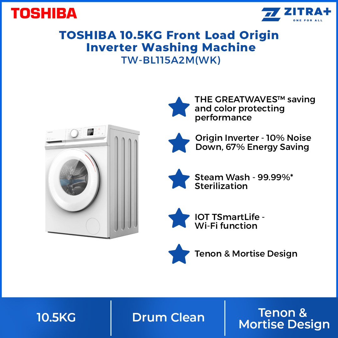 TOSHIBA 10.5KG Front Load Inverter Washing Machine TW-BL115A2M(WK) | The Greatwaves | Ultra Fine Bubble | Steam Wash | Drum Clean | IOT TSmartLife App Control | Washing Machine with 2 Year General Warranty & 2 Year Panel Warranty & 10 Year Motor Warranty