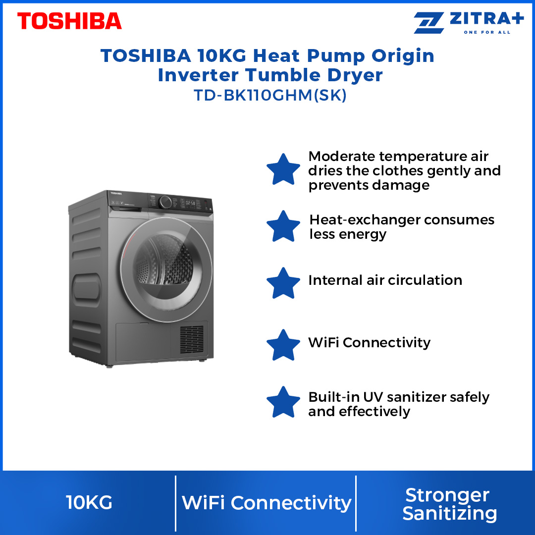 Toshiba 10KG Heat Pump Inverter Tumble Dryer TD-BK110GHM(SK) | Heat Pump | Smart Plan | Drying Cycle Auto Set | SENSEDRY | Hygiene | UV Sanitize | Anti-Crease | Wool | Stack | Tumble Dryer with 2 Year General Warranty