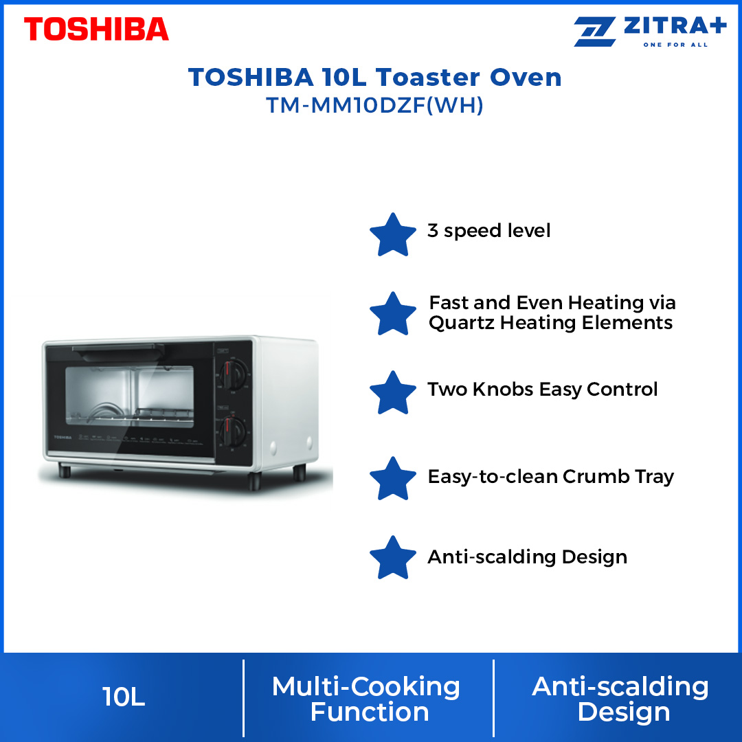 TOSHIBA 10L Toaster Oven TM-MM10DZF(WH) | Compact Footprint with Neat Design | Fast and Even Heating via Quartz Heating Elements | Two Knobs Easy Control | Easy-to-clean Crumb Tray | Anti-scalding Design | Toaster Oven with 1 Year General Warranty