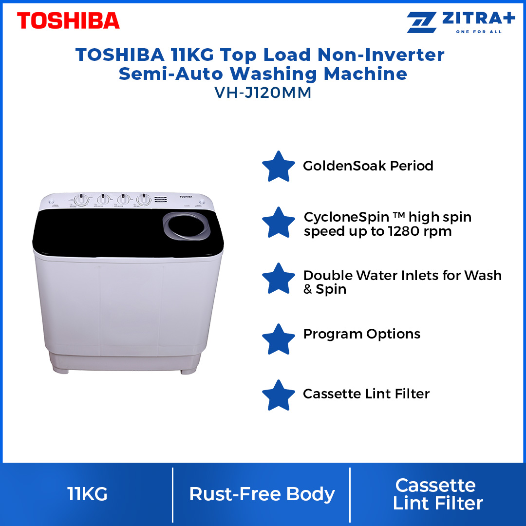 TOSHIBA 11KG Semi-Auto Washing Machine White VH-J120MM | UltraSpin | Double Water Inlets for Wash & Spin | Cassette Lint Filter | High Blades Pulsator | Washing Machine with 2 Year General Warranty