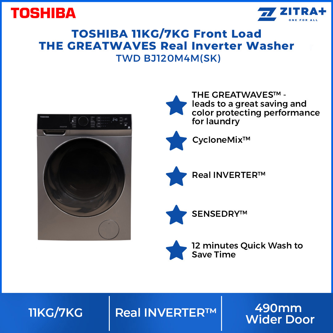 TOSHIBA 11KG/7KG Front Load THE GREATWAVES Real Inverter Washer Dryer TWD-BJ120M4M(SK) | 12 Programs | Child Lock | Temperature Selection | Washer Dryer with 2 Years Warranty