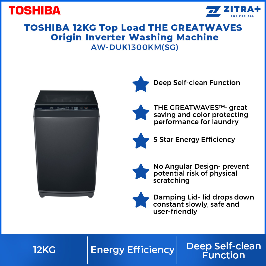 TOSHIBA 12KG Greatwaves Washer AW-DUK1300KM(SG) | Multi Programs | Tub Clean | Easy Kit | No Angular Design | Damping Lid | Child Lock | Heavy Wash | I Clean | Easy Kit | Washing Machine with 2 Year General & 3 Year Panel & 13 Year Motor Warranty