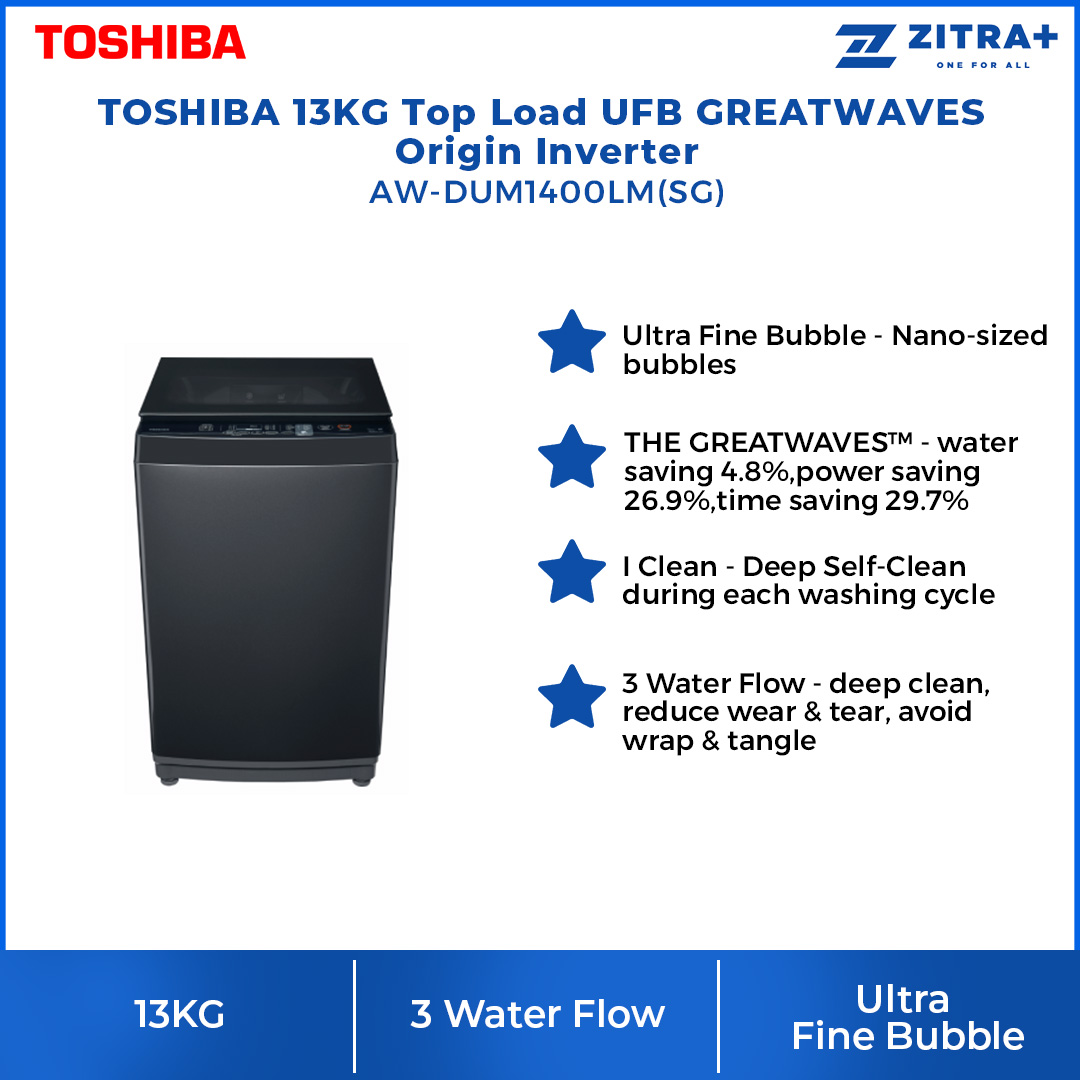 TOSHIBA 13KG Top Load UFB GREATWAVES Origin Inverter AW-DUM1400LM | Origin Inverter | I Clean | Easy Kit | Multi Programs | No Angular Design | Soft Close Lid | Child Lock | Tub Clean | DD Washer with 2 Year General & 3 Year Panel & 10 Year Motor Warranty