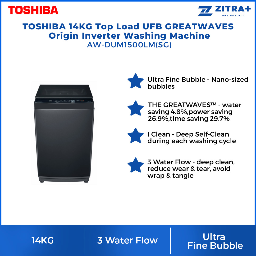 Toshiba 14KG Top Loading DD Washer AW-DUM1500LM(SG) | Ultra Fine Bubble | THE GREATWAVES | I Clean | Easy Kit | Multi Programs | No Angular Design | Soft Close Lid | DD Washer with 2 Year Warranty