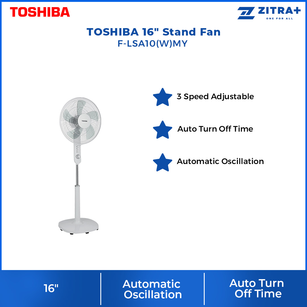 TOSHIBA 16" Stand Fan F-LSA10(W)MY | 3 Speed Adjustable | Auto turn off Timer | Automatic Oscillation | Stand Fan with 1 Year Warranty