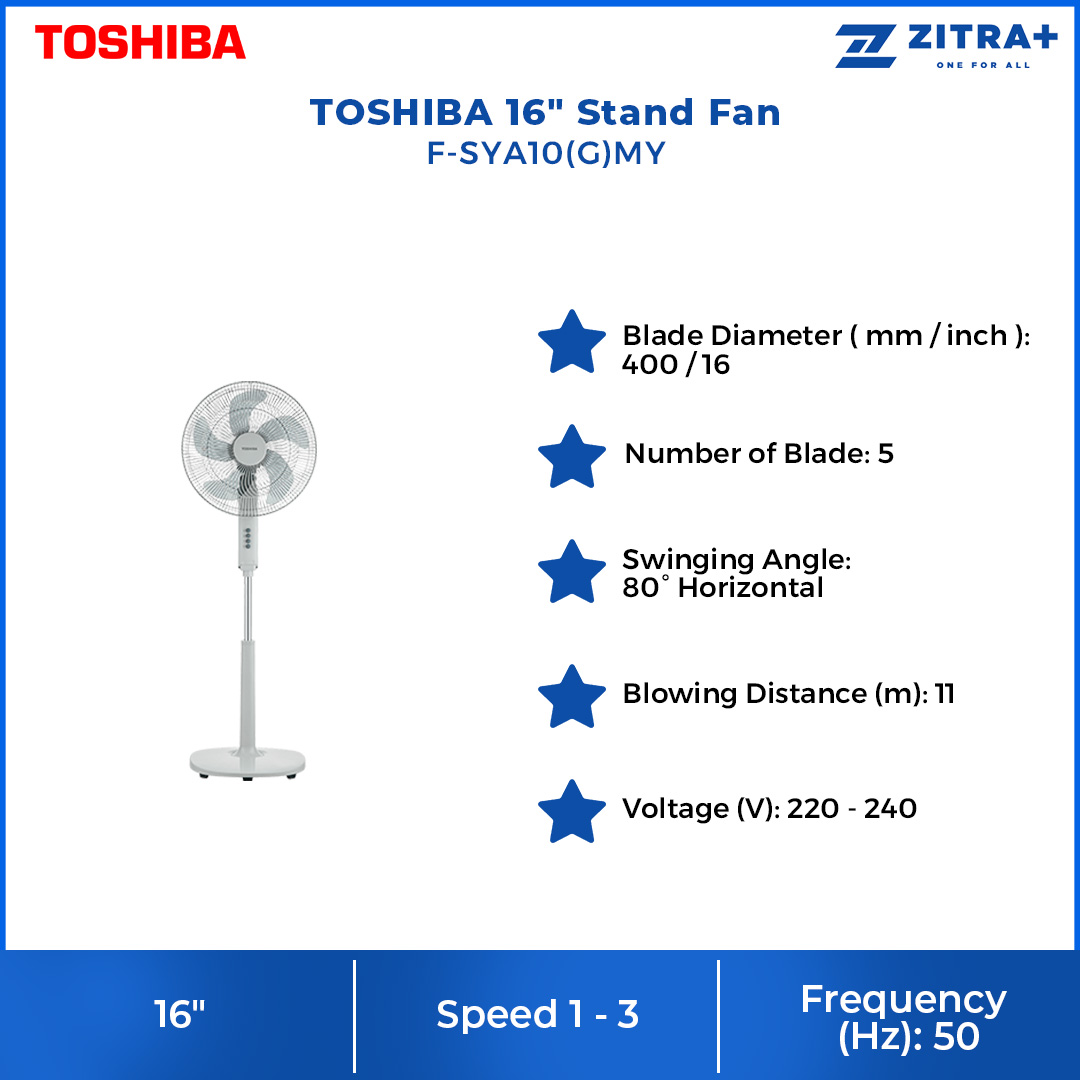TOSHIBA 16" Stand Fan F-SYA10(G)MY | 5 Horn-like Fan Blades | 11m Blowing Distances | Stand Fan with 1 Year Warranty