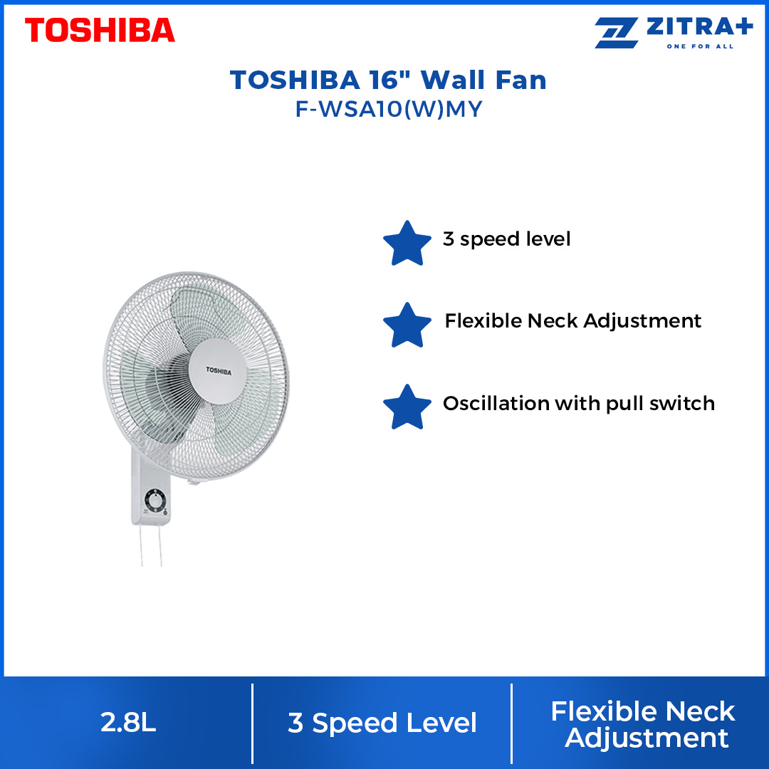 TOSHIBA 16" Wall Fan F-WSA10(W)MY | 3 Speed Level | 3 Blades | Flexible Neck Adjustment | Oscillation with Pull Switch | Wall Fan with 1 Year Warranty