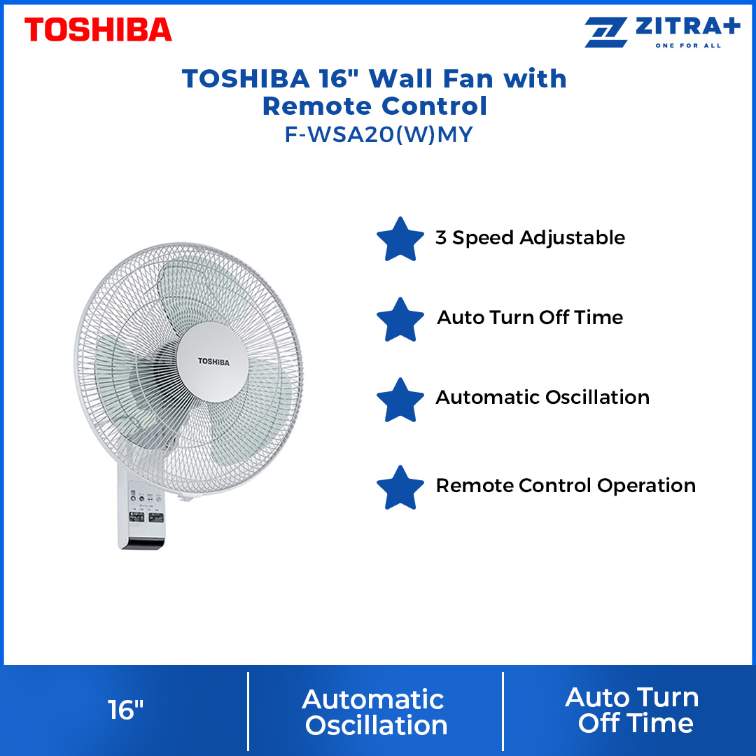 TOSHIBA 16" Wall Fan F-WSA20(W)MY | Remote Control Operation | 3 Speed Adjustable | Auto Turn Off Timer | Wall Fan with 1 Year Warranty