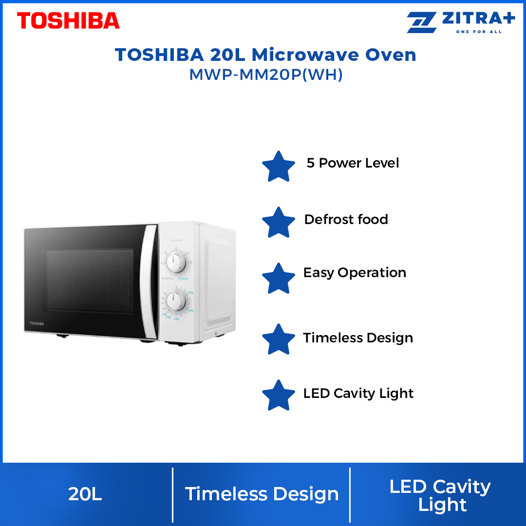 TOSHIBA 20L Microwave Oven MWP-MM20P(WH) |  5 Power Level | Defrost Food | Easy Operation | Timeless Design |  LED Cavity Light | Microwave Oven with 1 Year Warranty