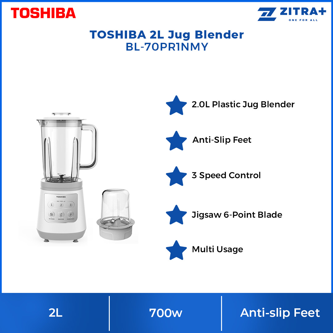 TOSHIBA 2L Jug Blender BL-70PR1NMY | 700W motor | 3 Speed | Ice Crush Function | Jigsaw 6-point Blade | Blender with 1 Year Warranty