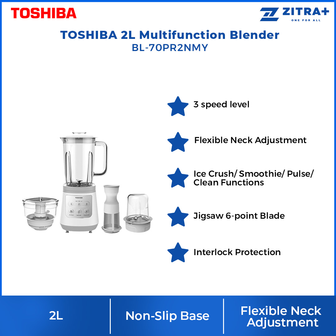 TOSHIBA 2L Multifunction Blender BL-70PR2NMY | 3-Speed Control | Smoothie and Ice Crush Function | With Grinder, Mincer & Juicer Strainer | Jigsaw 6-point Blade | Blender with 1 Year Warranty