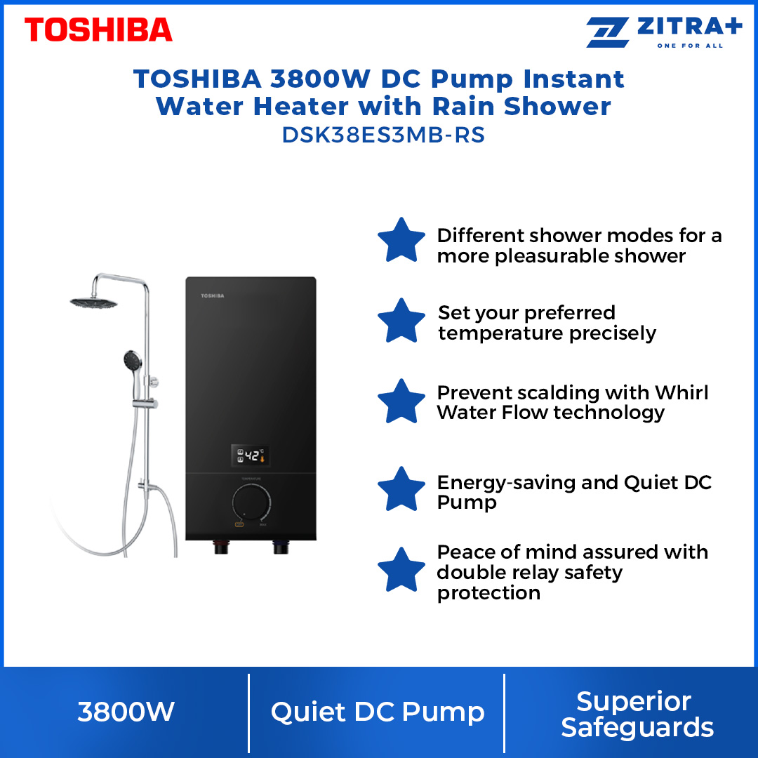 TOSHIBA 3800W DC Pump Instant Water Heater with Rain Shower DSK38ES3MB-RS | Energy-saving and Quiet DC Pump | 5 Versatile Shower Mode | Water Heater with 1 Year Warranty