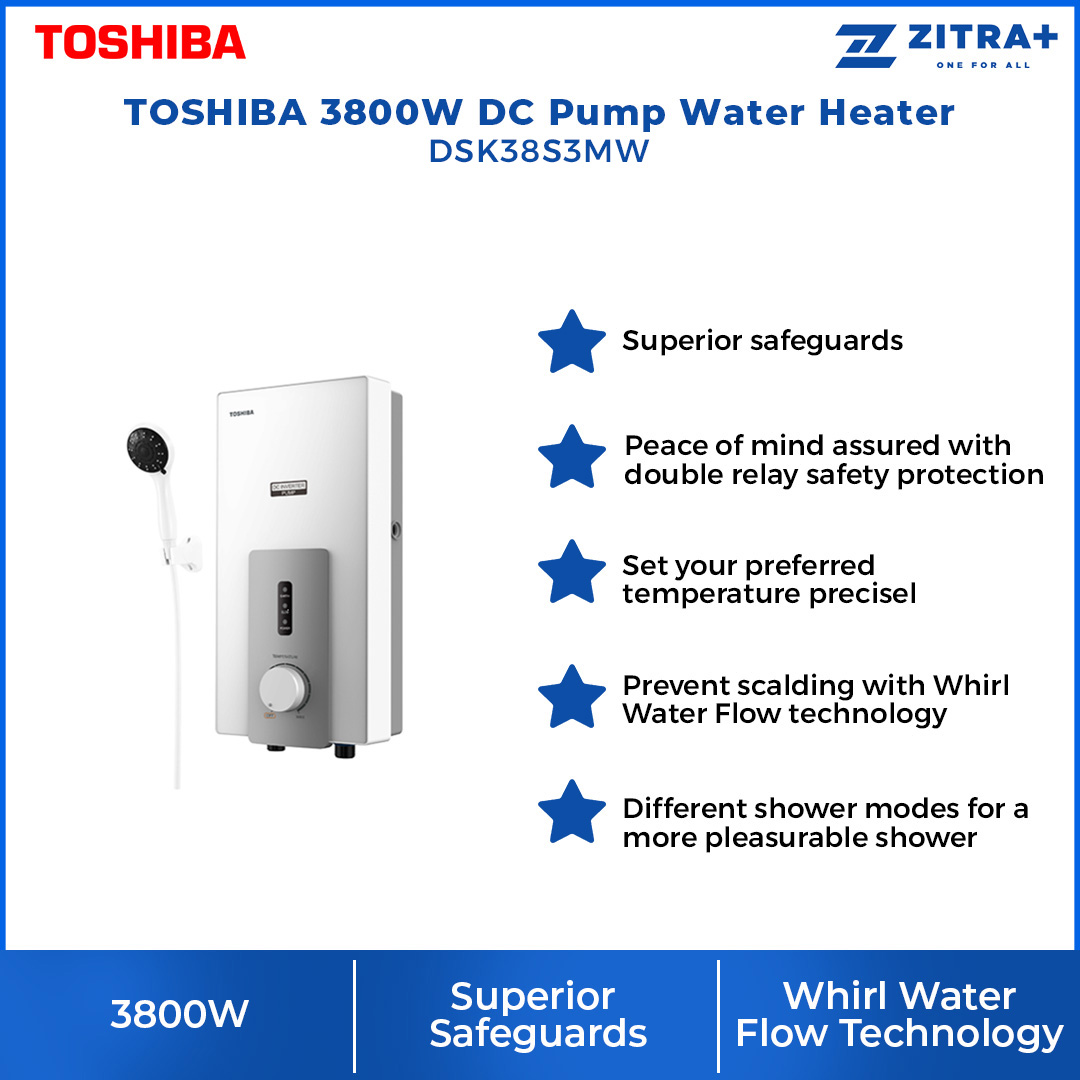 TOSHIBA DC Pump Water Heater DSK38S3MW  | Safeguards System | 5 Versatile Shower Mode | Double Relay Safety Protection | Different Shower Modes | Water Heater with 1 Year Warranty