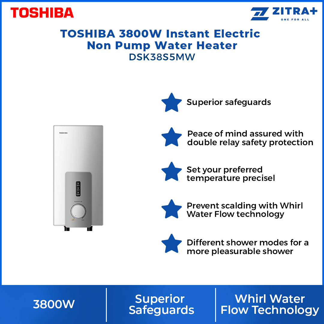 TOSHIBA Non Pump Water Heater DSK38S5MW  |  5 Versatile Shower Mode  |  Water Heater with 1 Year Warranty