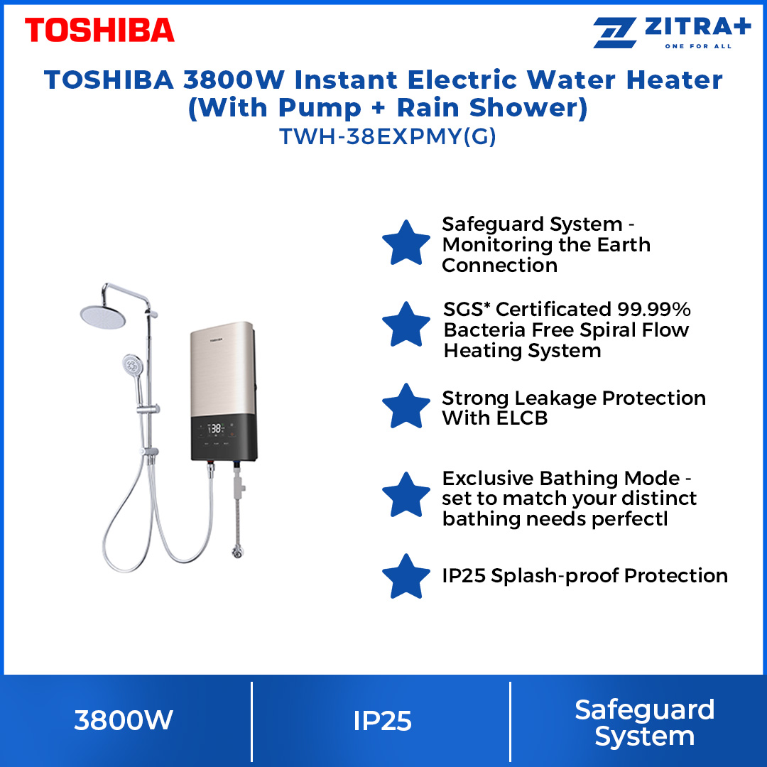 Toshiba 3800W Instant Electric Water Heater (With Pump+Rain Shower) TWH-38EXPMY(G) | Safeguards System | Constant Temperature System | Exclusive Bathing Mode | Splash-proof Protection | Water Heater with 1 Year General & 5 Year Motor Warranty