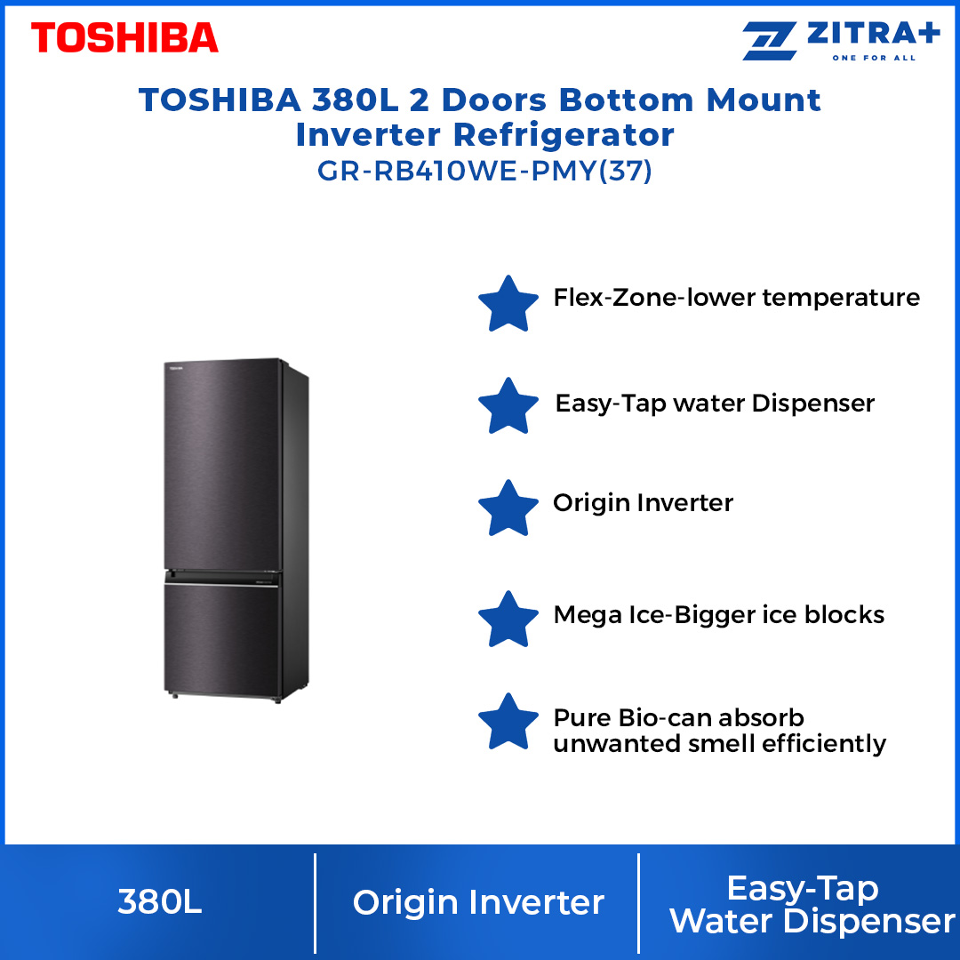 TOSHIBA 380L 2 Doors Bottom Mount Inverter Refrigerator GR-RB410WE-PMY(37) | Water Dispenser | Folded Shelf | Electronic Control | Mega Ice | Refrigerator with 1 Year Warranty