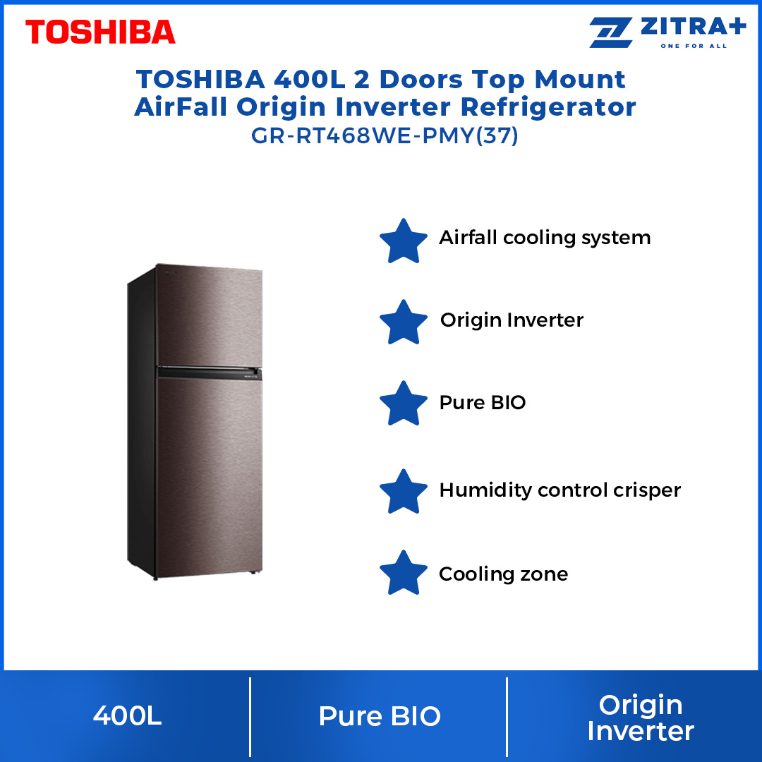 TOSHIBA 400L 2 Doors Inverter Refrigerator GR-RT468WE-PMY(37) | AirFALL Cooling | Origin Inverter | Humidity Control | Refrigerator with 1 Year General and 12 Year Compressor Warranty