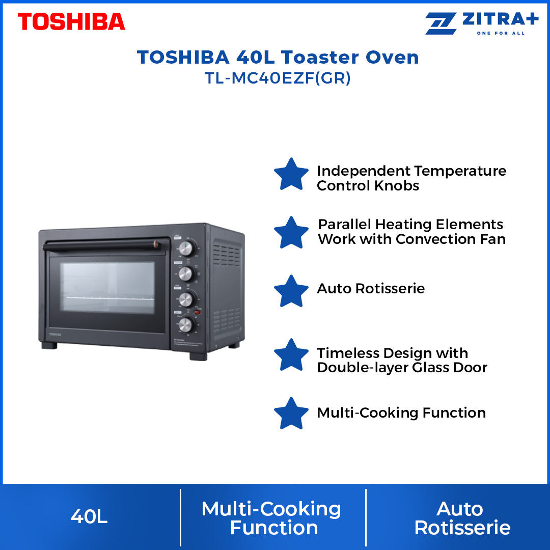 TOSHIBA 40L Toaster Oven TL-MC40EZF(GR) | Independent Temperature Control Knobs | Parallel Heating Elements Work with Convection Fan | Auto Rotisserie | Timeless Design with Double-layer Glass Door | Toaster Oven with 1 Year Warranty