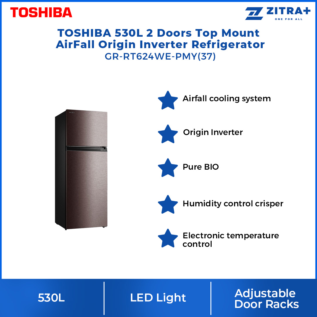 TOSHIBA 530L 2 Doors Inverter Refrigerator GR-RT624WE-PMY(37) | AirFALL Cooling | Origin Inverter | Humidity Control | Refrigerator with 1 Year General & 12 Year Compressor Warranty