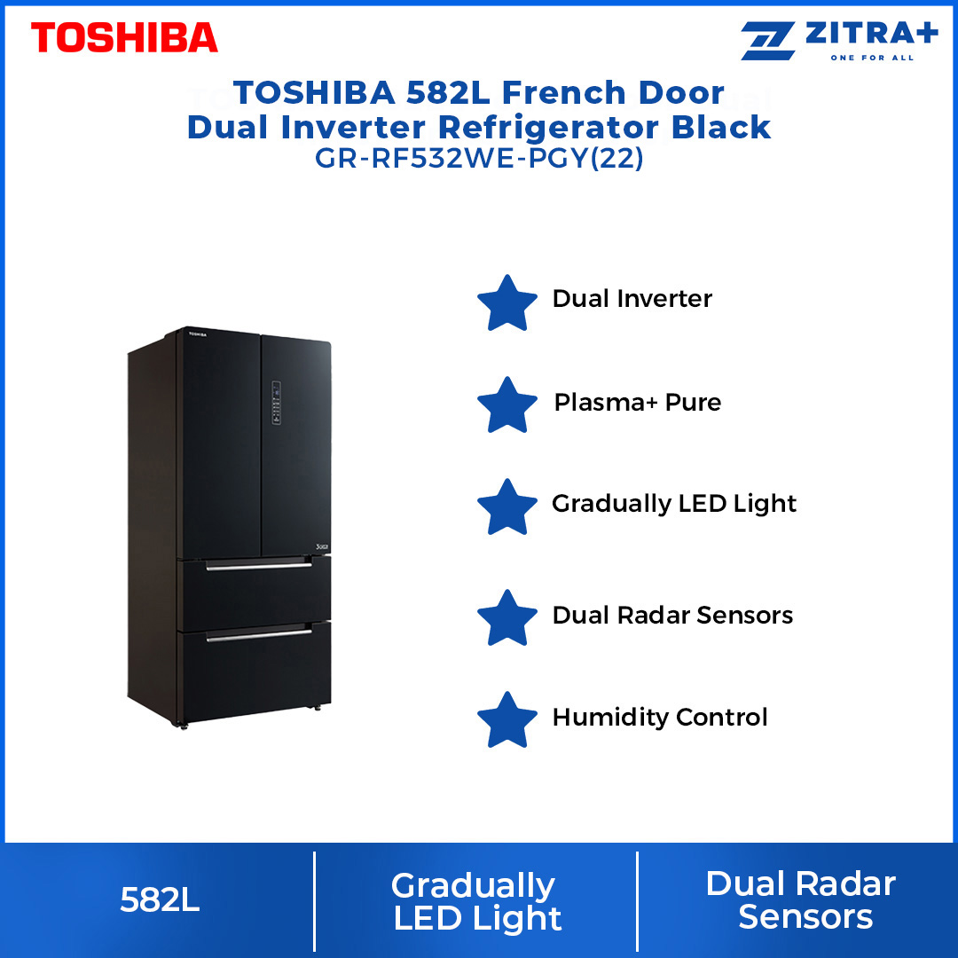 TOSHIBA 582L French Doors Dual Inverter Refrigerator GR-RF532WE-PGY(22) | Dual Inverter | Ice Maker | ECO Mode | No Frost | Plasma Pure | Quick Freezing Mode | Refrigerators with 1 Year Warranty
