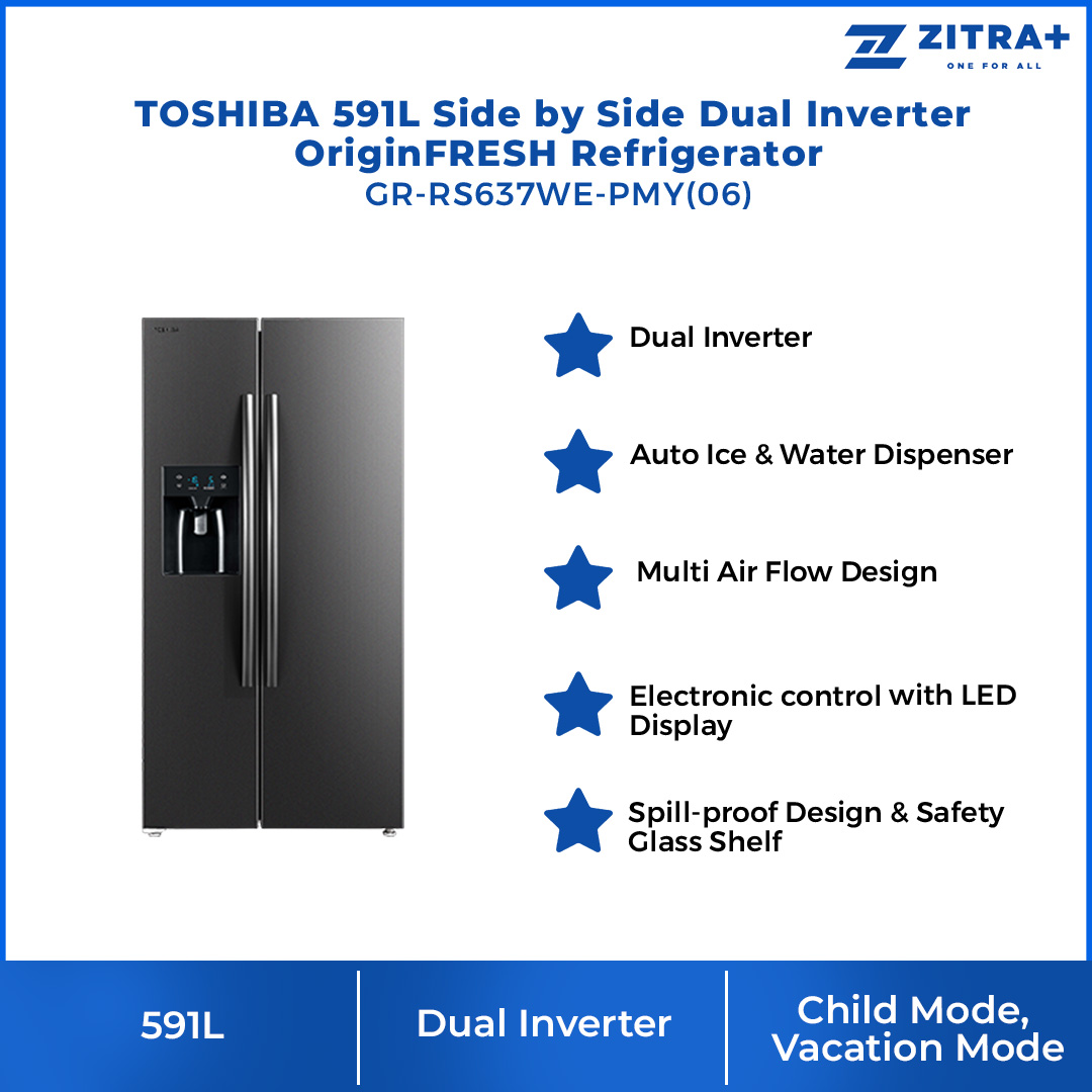 TOSHIBA 591L Side by Side Dual Inverter OriginFRESH Refrigerator GR-RS637WE-PMY(06) | Dual Inverter | Ice Maker | Quick Cooling Air | Pure BIO | Multi-Air Flow | Cool Water Dispenser | Alloy Cooling | Eco LED Light | Refrigerators with 1 Year Warranty