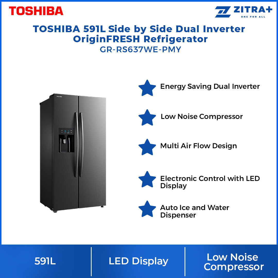 TOSHIBA 591L Side by Side Inverter Refrigerator GR-RS637WE-PMY | Dual Inverter | Auto Ice & Water Dispenser | Child Mode | Vacation Mode | Alloy Cooling | Eco LED Light | Pure BIO | Refrigerator with 1 Year General & 12 Year Motor Warranty
