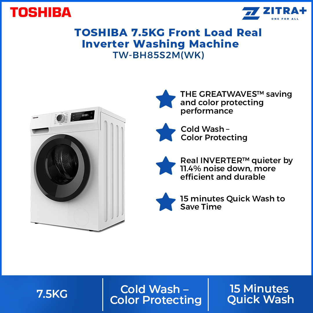 TOSHIBA 7.5KG Front Load Real Inverter Washing Machine TWBH85S2M(WK)