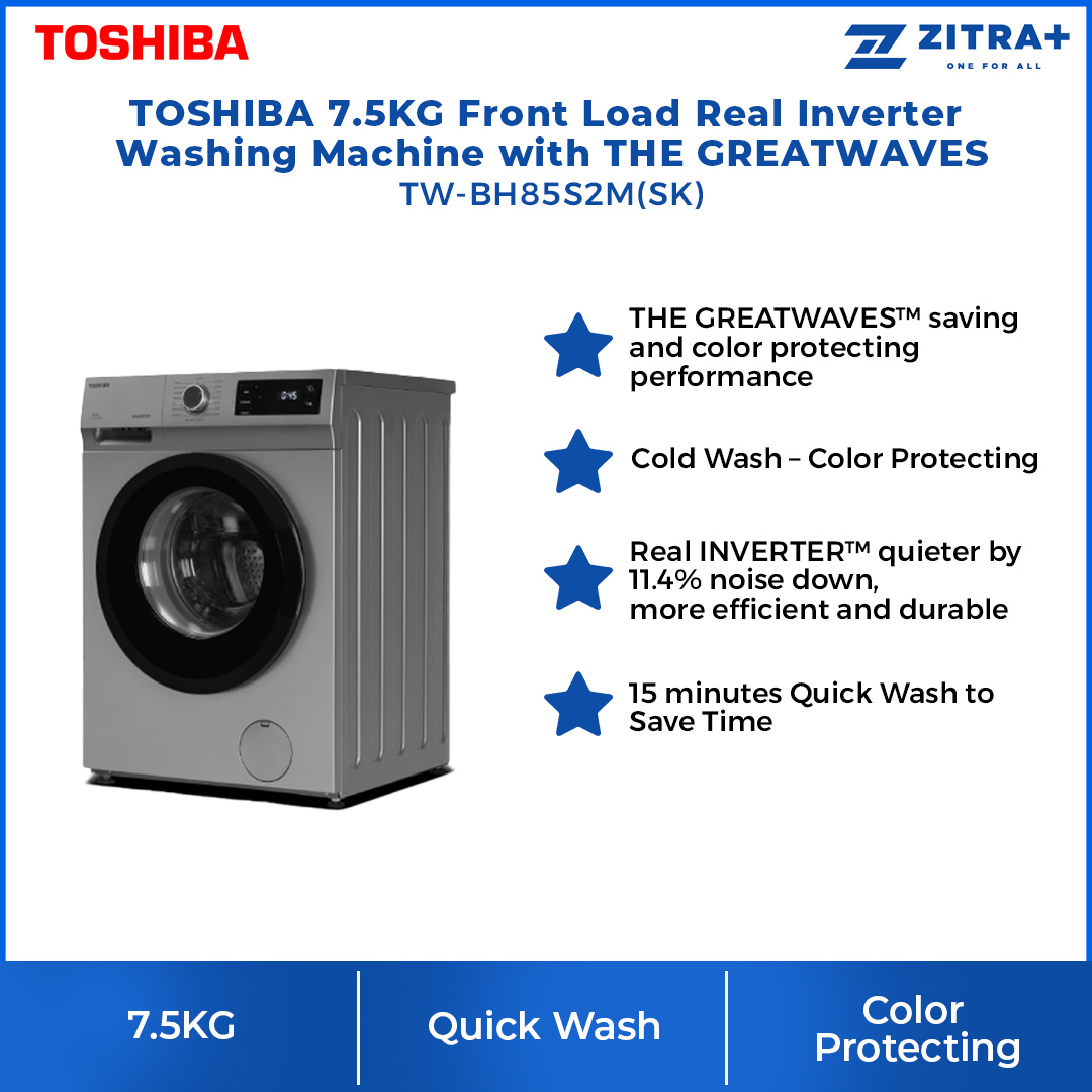 TOSHIBA 7.5KG Front Load Real Inverter Washing Machine with THE GREATWAVES TW-BH85S2M(SK) | 16 Program | Child Lock | Temperature Selection | Spin Speed, Selection | Washing Machine  with 2 Year Warranty
