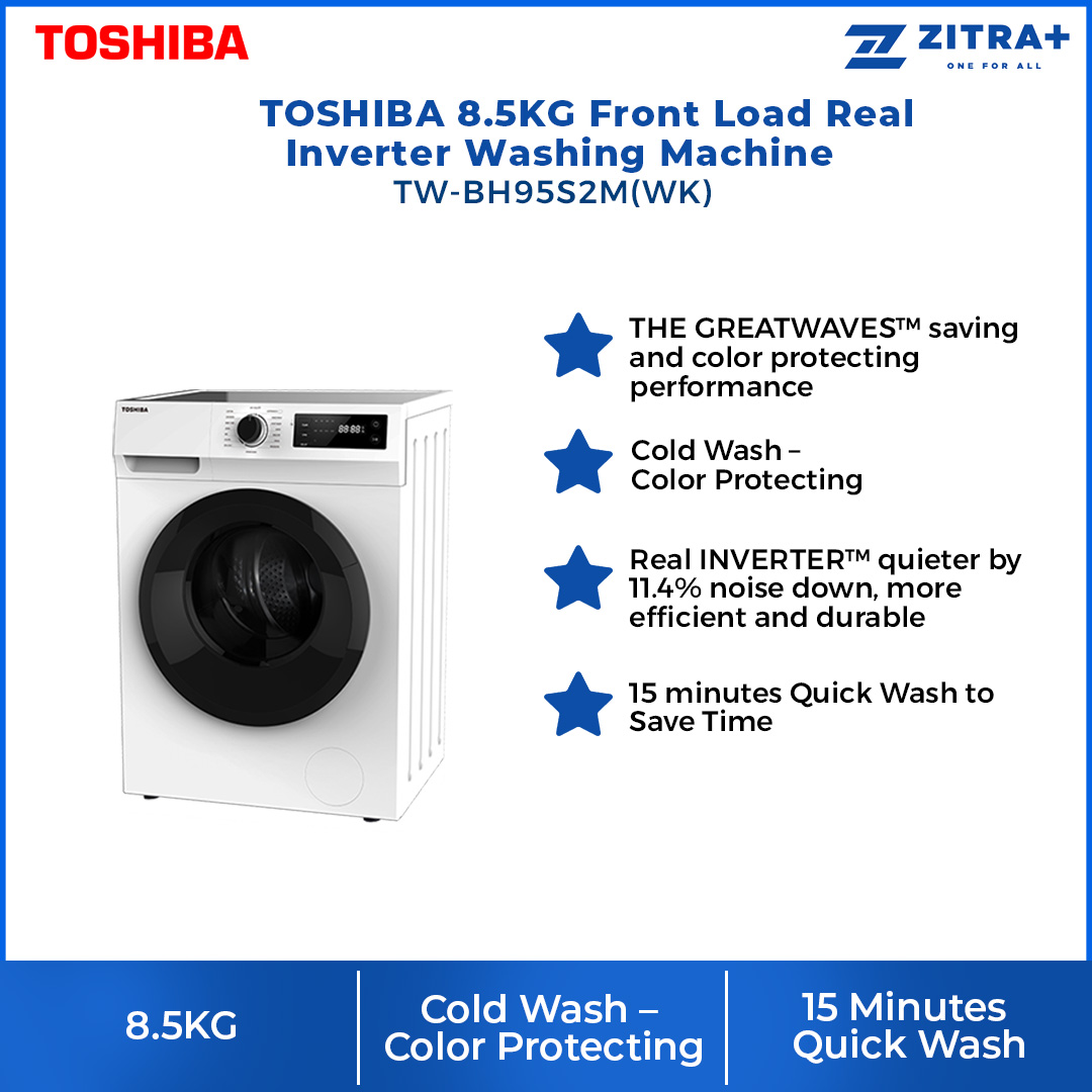 TOSHIBA 8.5KG Front Load Inverter Washing Machine TW-BH95S2M(WK) | Colour Protecting | 15 Minutes Quick Wash | Washing Machine with 2 Year General & 10 Year Motor Warranty