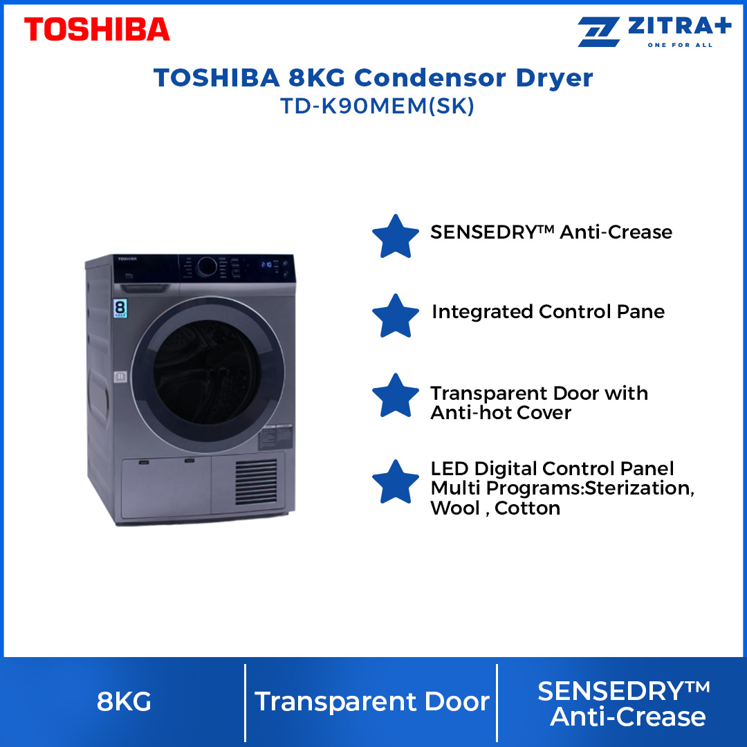 TOSHIBA 8KG SENSEDRY Condenser Dryer TD-K90MEM(SK) | Anti-Crease | Integrated Control Panel | Condenser Dryer with 1 Year Warranty