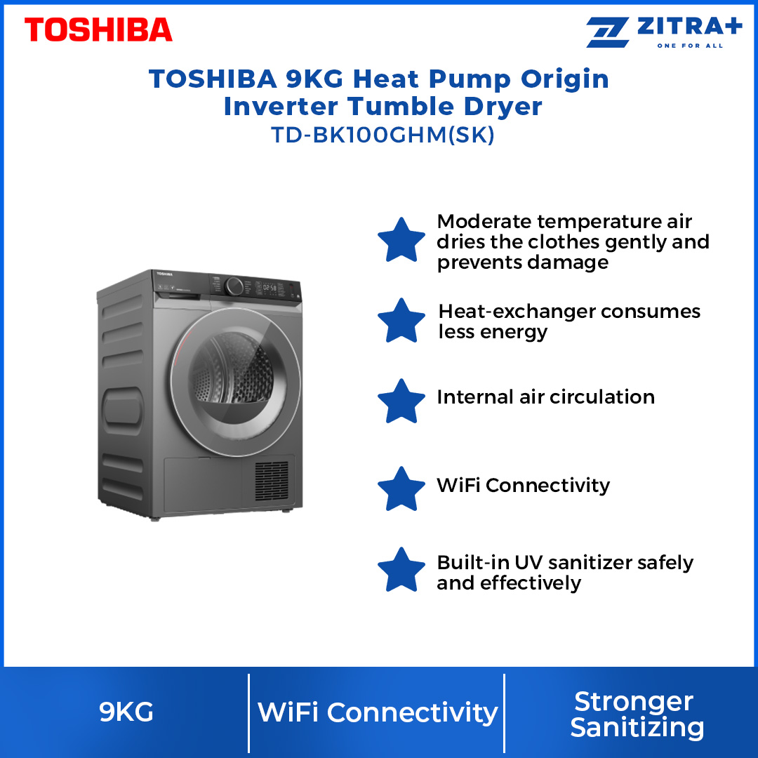 Toshiba 9KG Heat Pump Inverter Tumble Dryer TD-BK100GHM(SK) | Heat Pump | Smart Control | Drying Cycle Auto Set | Sensedry | Hygiene | UV Sanitize | Anti-Crease | Stack | Tumbler Dryer 1 Year General & 10 Year Motor Warranty
