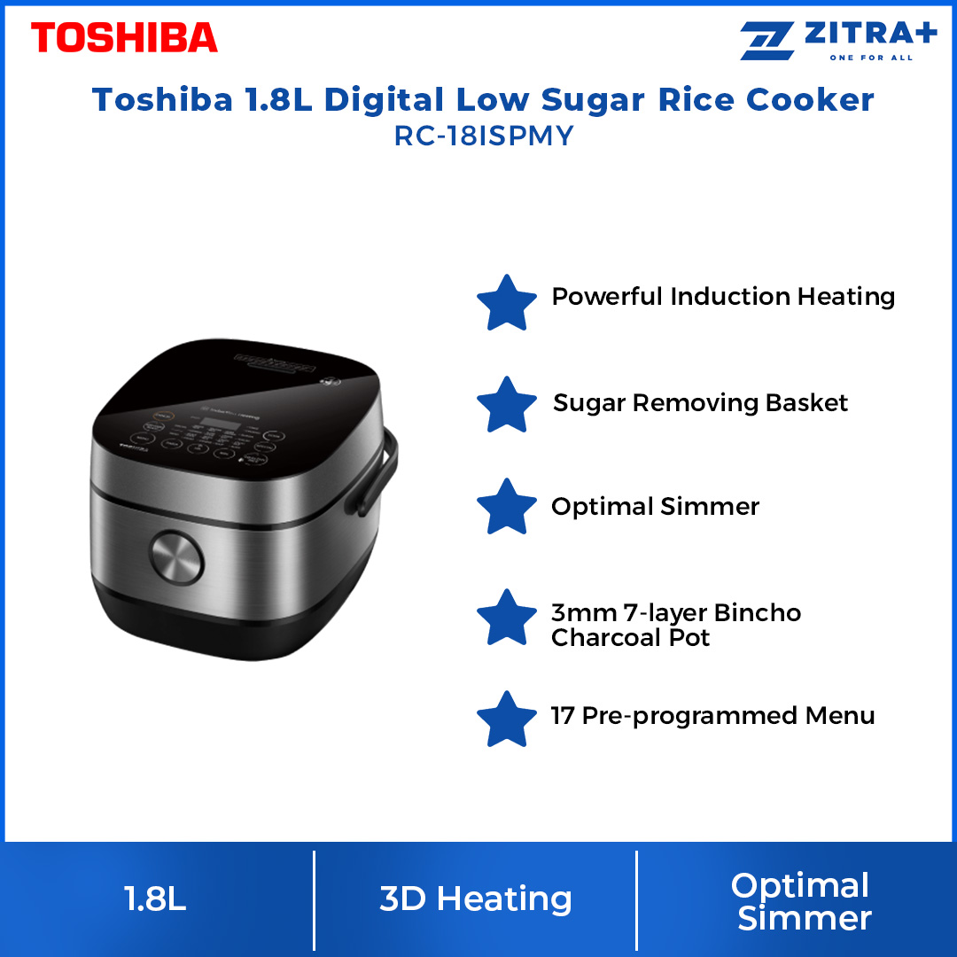 Toshiba 1.8L Digital Low Sugar Rice Cooker RC-18ISPMY | Powerful Induction Heating | Sugar Removing Basket | Optimal Simmer | 3D Heating | 17 Pre-Programmed Menu | Rice Cooker with 1 Year Warranty