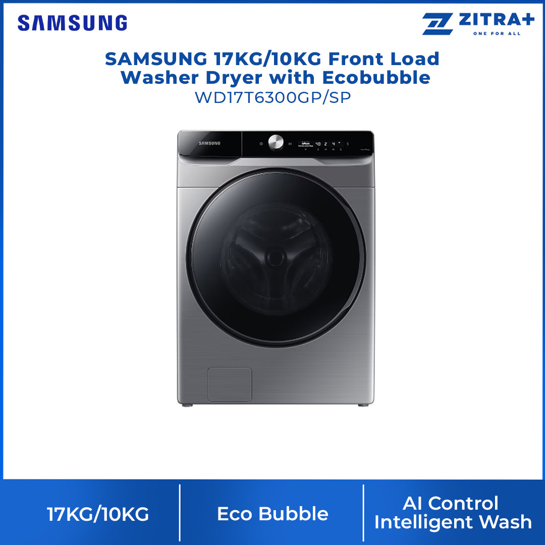 SAMSUNG 17KG/10KG Front Load Washer Dryer with Ecobubble WD17T6300GP/SP | AI Control | Eco Bubble™ | VRT Plus™ | Hygiene Steam | Washer Dryer with 1 Year Warranty