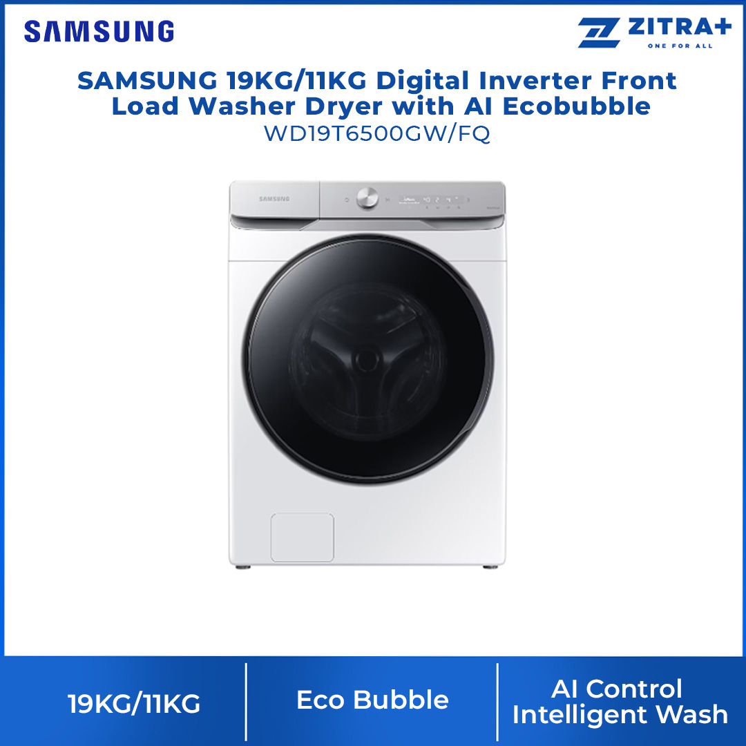 SAMSUNG 19KG/11KG Digital Inverter Front Load Washer Dryer with AI Ecobubble WD19T6500GW/FQ | AI Wash | AI Control | Auto Dispense | Eco Bubble™ | Hygiene Steam | Washer Dryer with 1 Year Warranty