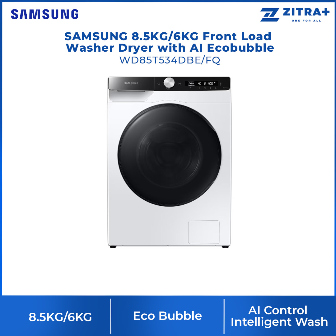 SAMSUNG 8.5KG/6KG Front Load Washer Dryer with AI Ecobubble WD85T534DBE/FQ | AI Control | Eco Bubble™ | Drum Clean | Hygiene Steam | Washer Dryer with 1 Year Warranty