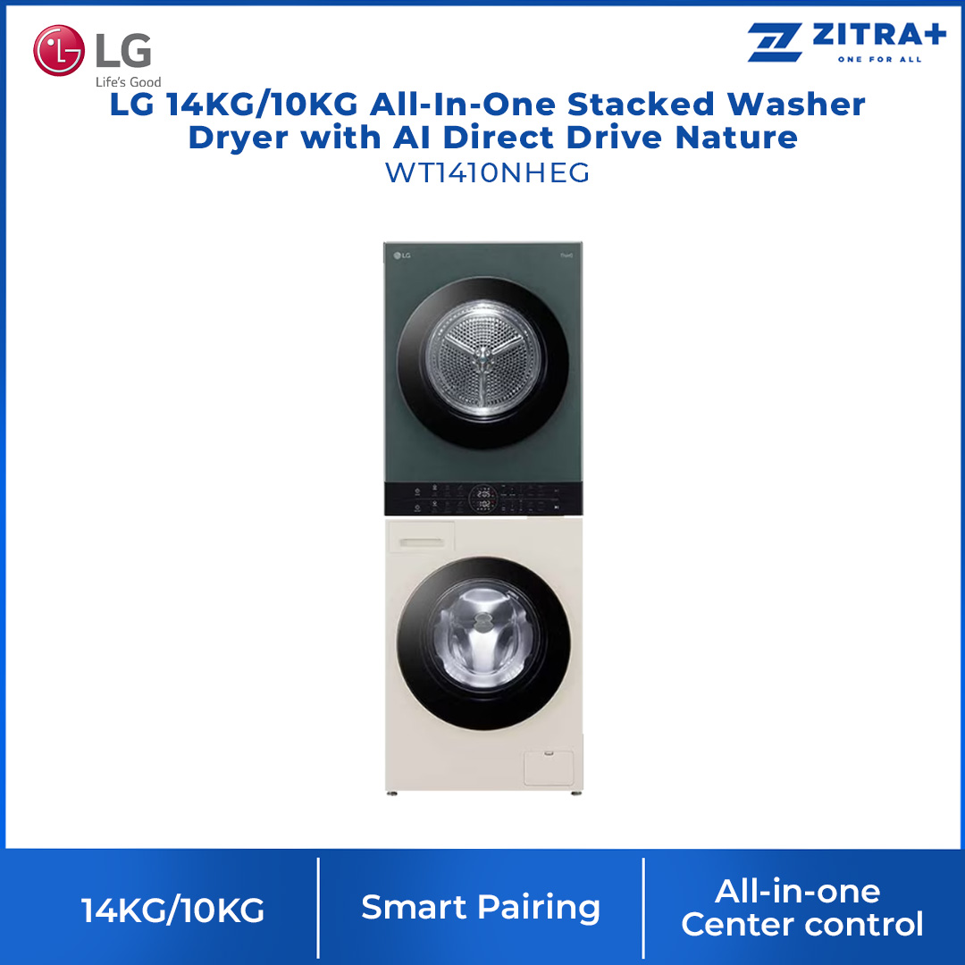 LG 14KG/10KG All-In-One Stacked Washer Dryer with AI Direct Drive Nature WT1410NHEG | TurboWashTM 360 | LG ThinQ app Compatible | Sensor Dry | Washer Dryer with 1 Year Warranty