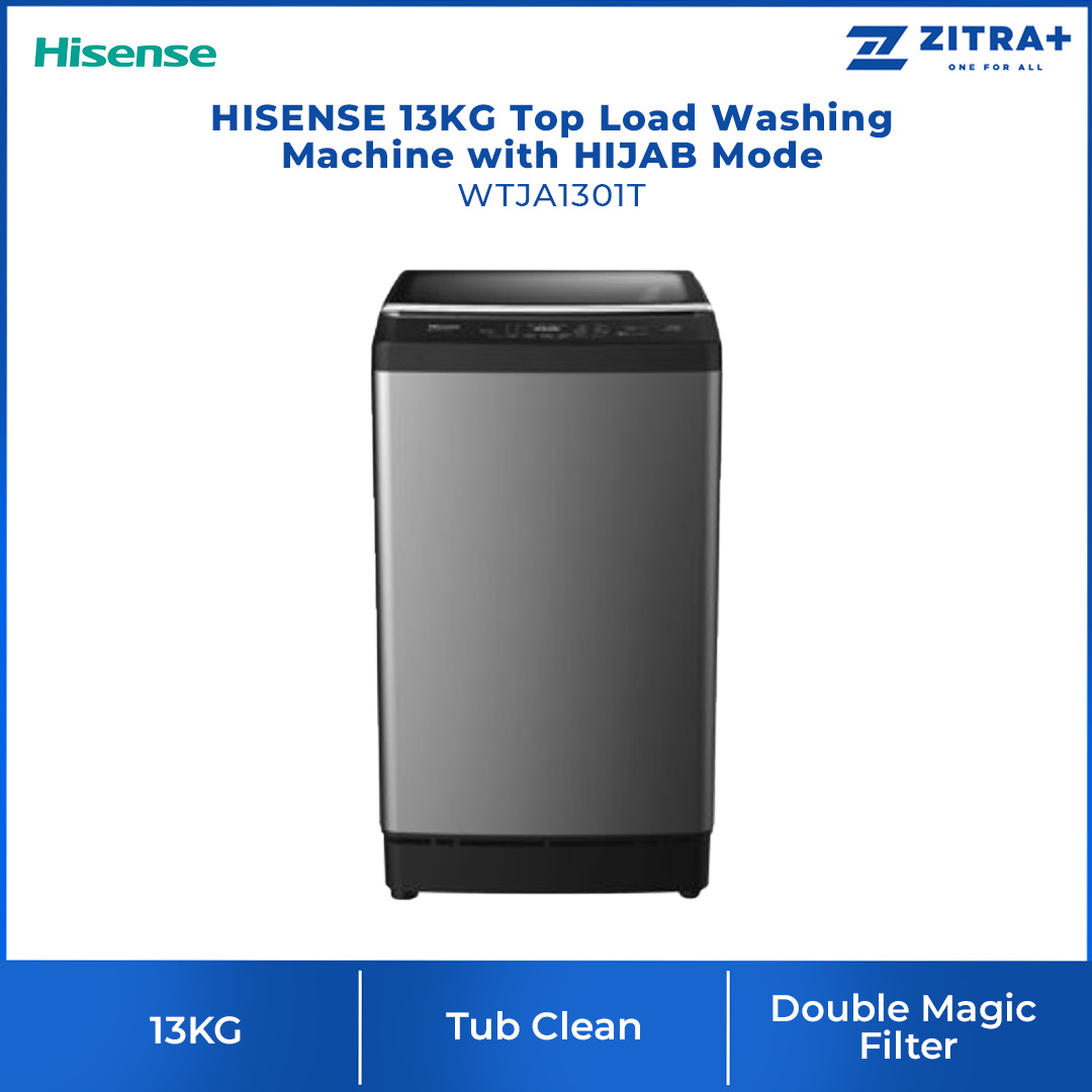 HISENSE 13KG Top Load Washing Machine with HIJAB Mode WTJA1301T | Double Magic Filter | Tub Clean | Delicates | Auto Balance | Air Dry | Pearl Drum | Wide Voltage | Blubble Clean | Extra Soft | Double Magic Filter | Washing Machine with 2 Year Warranty